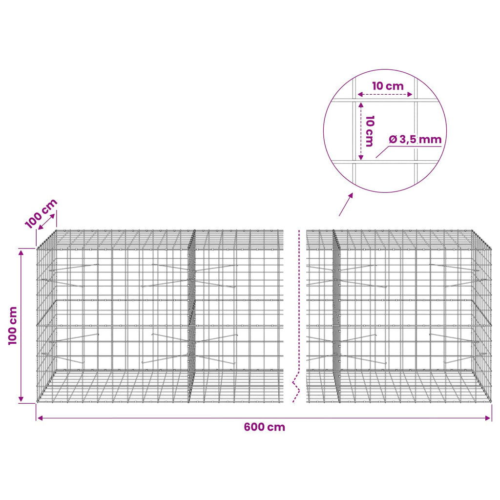 vidaXL Gabion z drutu 3,5 mm i siatką 10x10 cm 600x100x100 cm