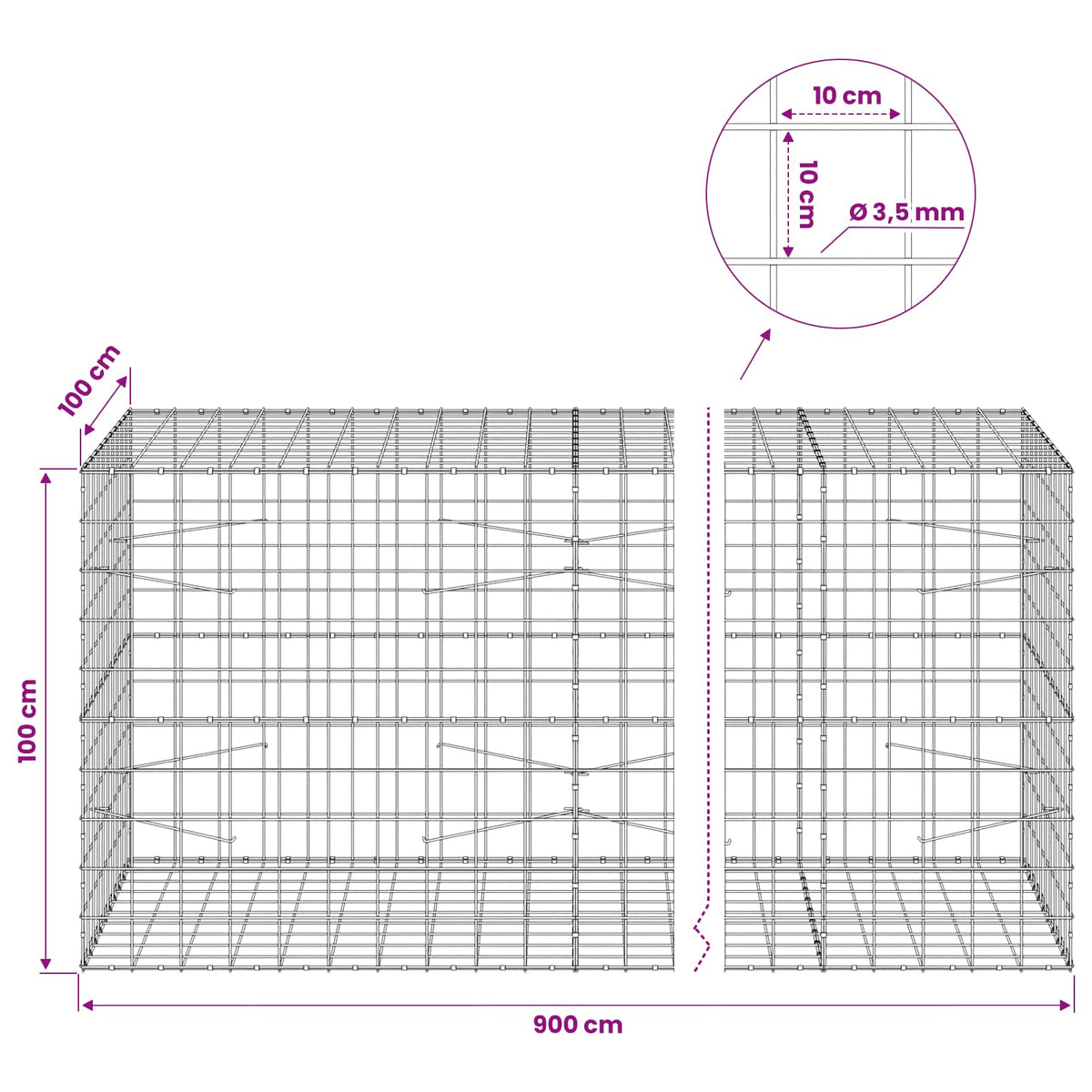 vidaXL Gabion z drutu 3,5 mm i siatką 10x10 cm 900x100x100 cm