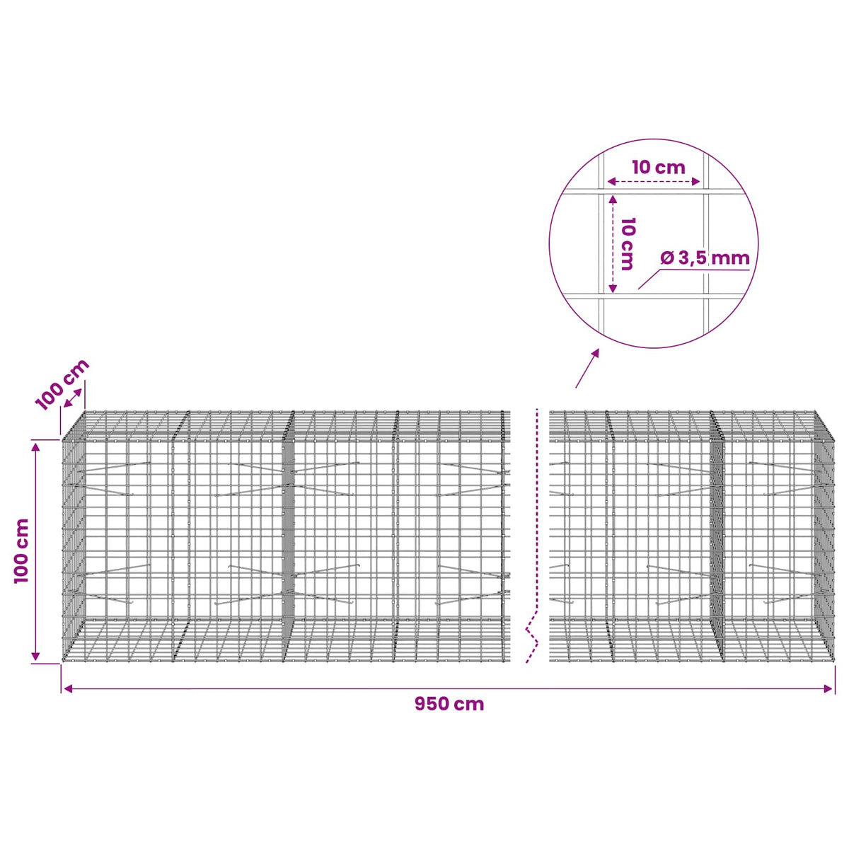vidaXL Gabion z drutu 3,5 mm i siatką 10x10 cm 950x100x100 cm