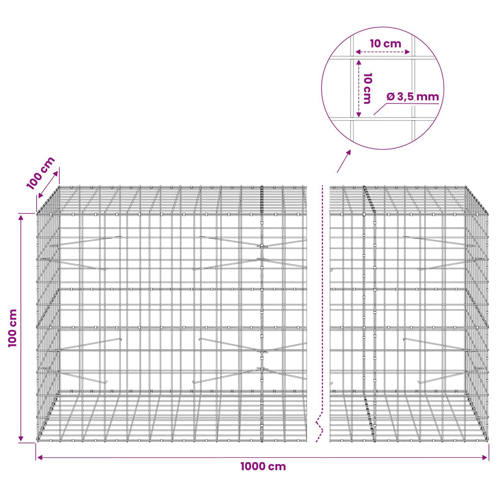 vidaXL Gabion z drutu 3,5 mm i siatką 10x10 cm 1000x100x100 cm
