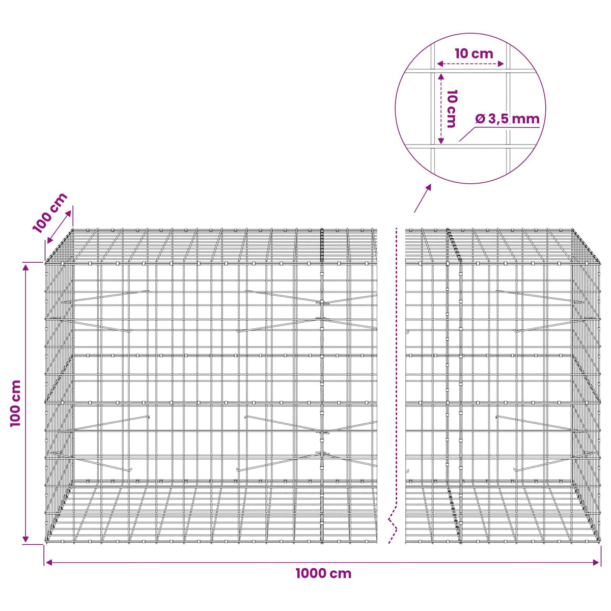 vidaXL Gabion z drutu 3,5 mm i siatką 10x10 cm 1000x100x100 cm