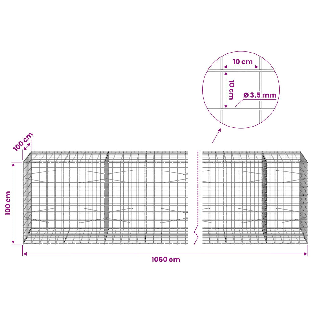 vidaXL Gabion z drutu 3,5 mm i siatką 10x10 cm 1050x100x100 cm