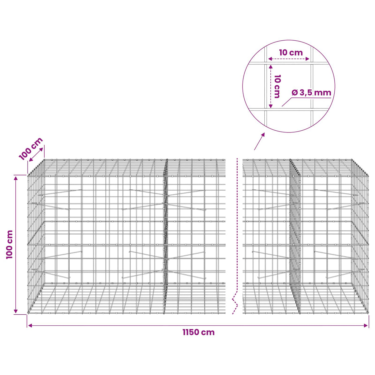 vidaXL Gabion z drutu 3,5 mm i siatką 10x10 cm 1150x100x100 cm