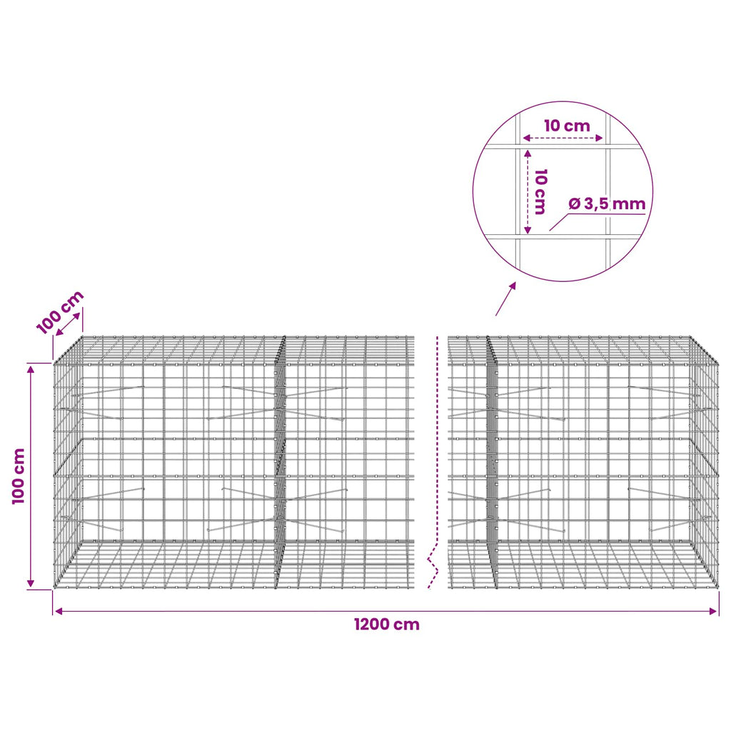 vidaXL Gabion z drutu 3,5 mm i siatką 10x10 cm 1200x100x100 cm
