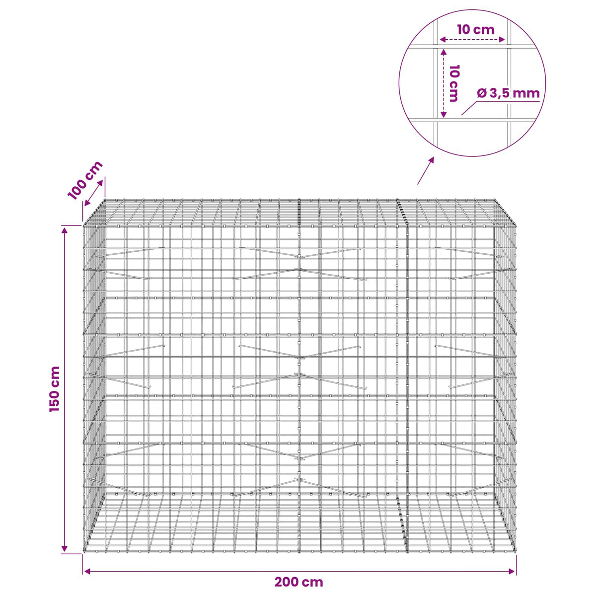 vidaXL Gabion z drutu 3,5 mm i siatką 10x10 cm 200x100x150 cm