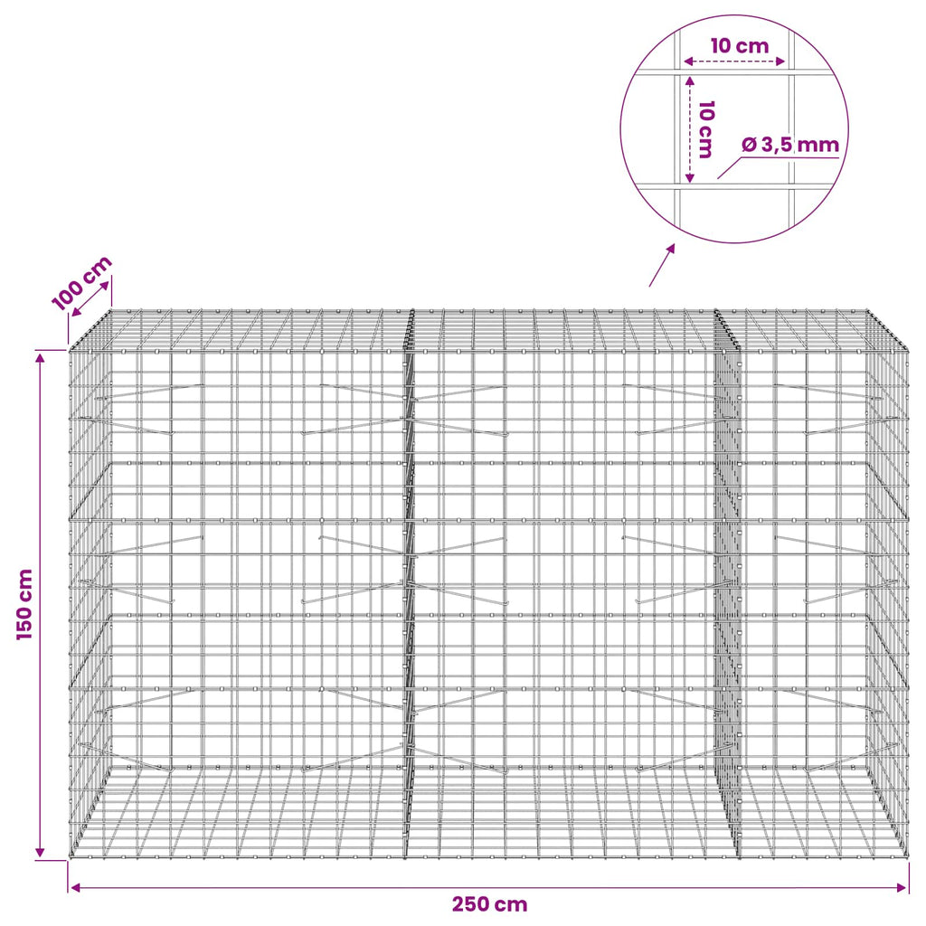 vidaXL Gabion z drutu 3,5 mm i siatką 10x10 cm 250x100x150 cm