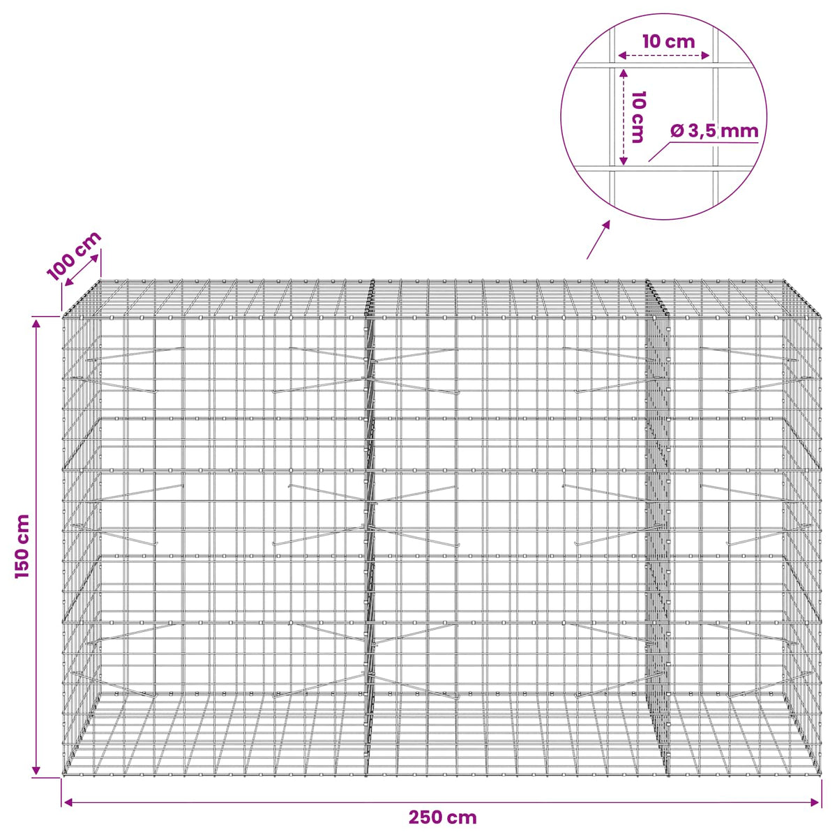 vidaXL Gabion z drutu 3,5 mm i siatką 10x10 cm 250x100x150 cm