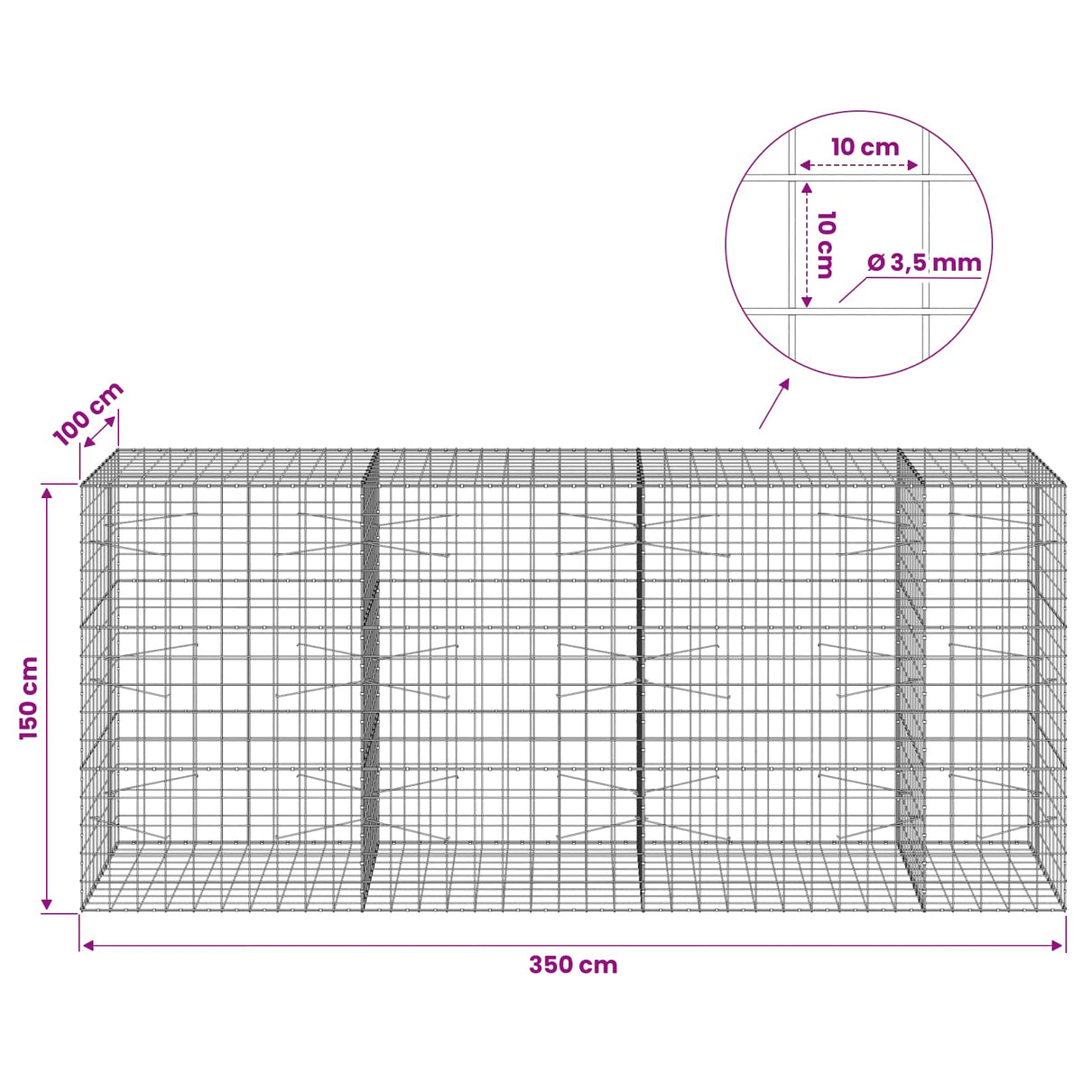 vidaXL Gabion z drutu 3,5 mm i siatką 10x10 cm 350x100x150 cm