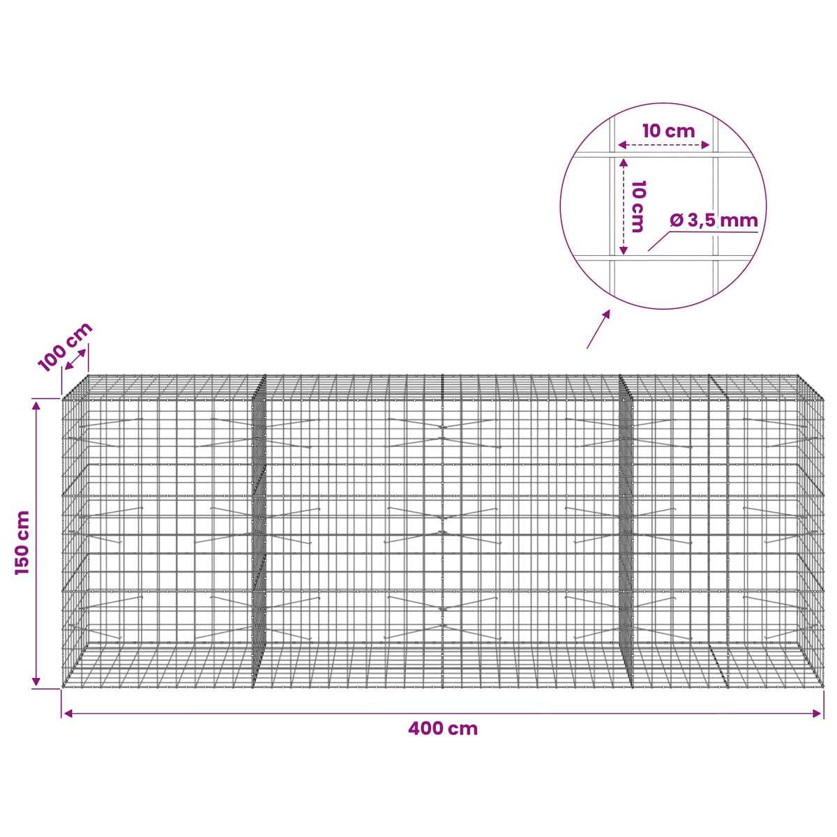 vidaXL Gabion z drutu 3,5 mm i siatką 10x10 cm 400x100x150 cm