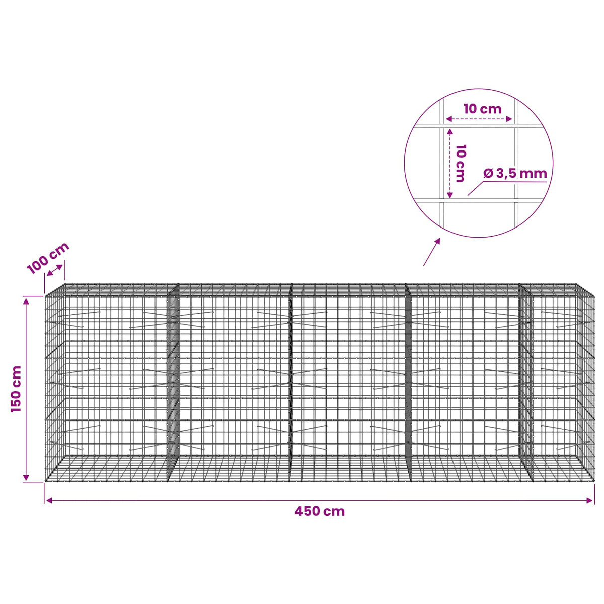 vidaXL Gabion z drutu 3,5 mm i siatką 10x10 cm 450x100x150 cm