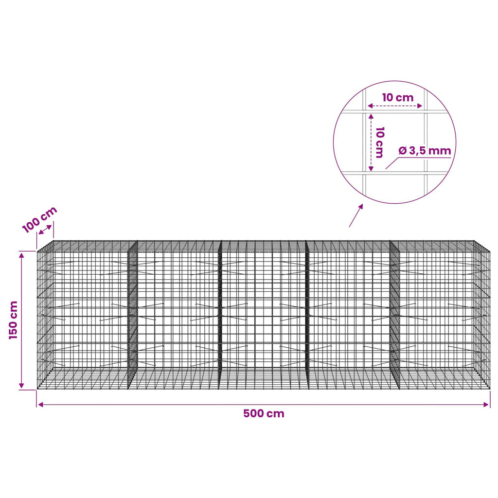 vidaXL Gabion z drutu 3,5 mm i siatką 10x10 cm 500x100x150 cm
