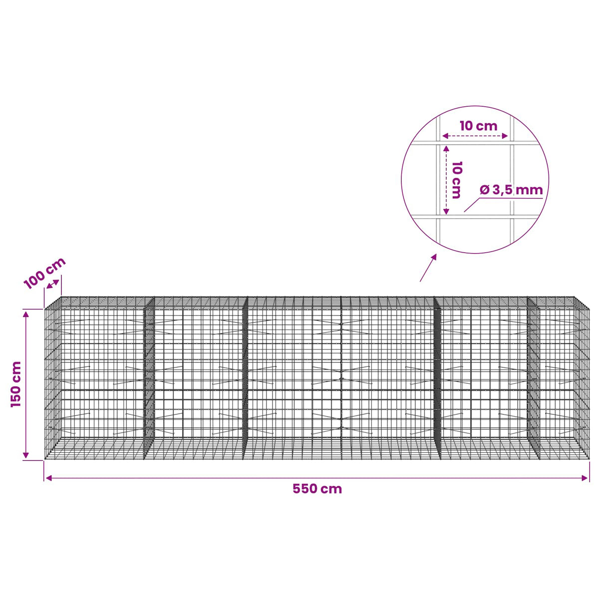 vidaXL Gabion z drutu 3,5 mm i siatką 10x10 cm 550x100x150 cm