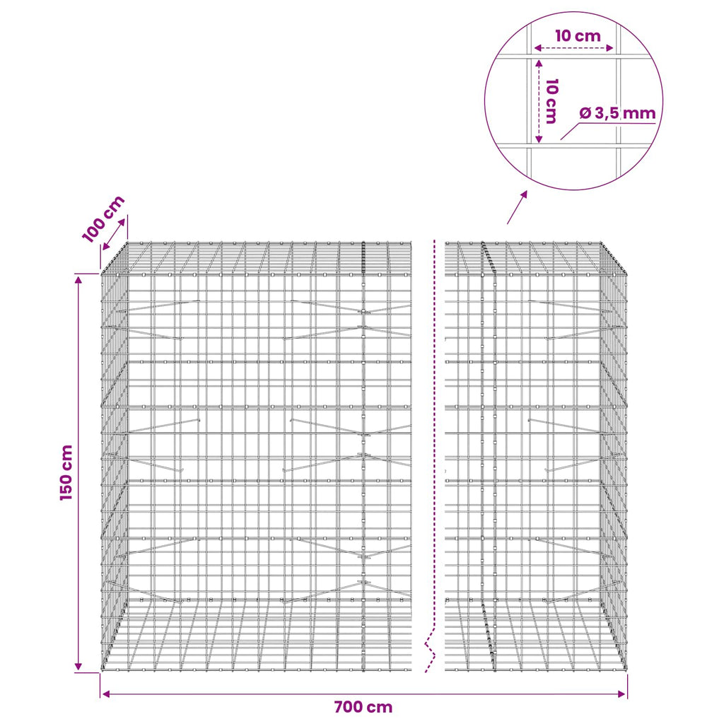 vidaXL Gabion z drutu 3,5 mm i siatką 10x10 cm 700x100x150 cm