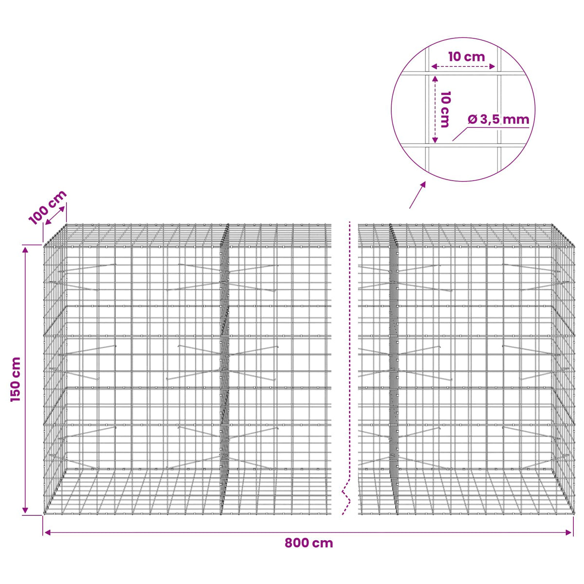 vidaXL Gabion z drutu 3,5 mm i siatką 10x10 cm 800x100x150 cm