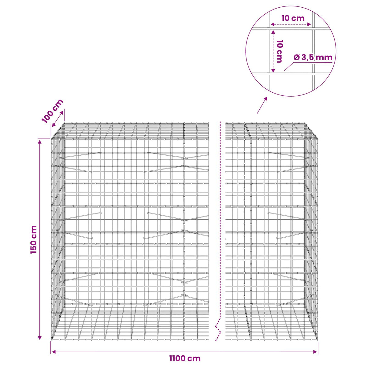 vidaXL Gabion z drutu 3,5 mm i siatką 10x10 cm 1100x100x150 cm