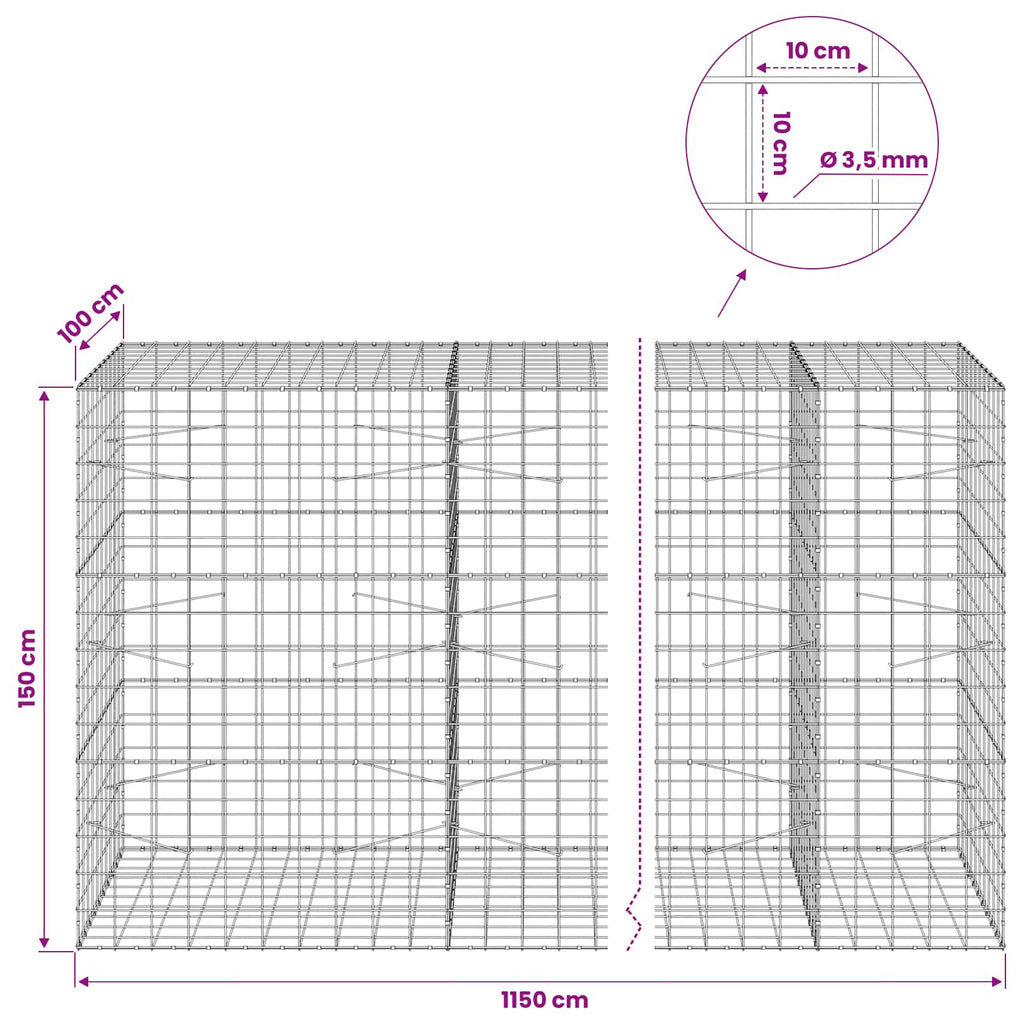 vidaXL Gabion z drutu 3,5 mm i siatką 10x10 cm 1150x100x150 cm