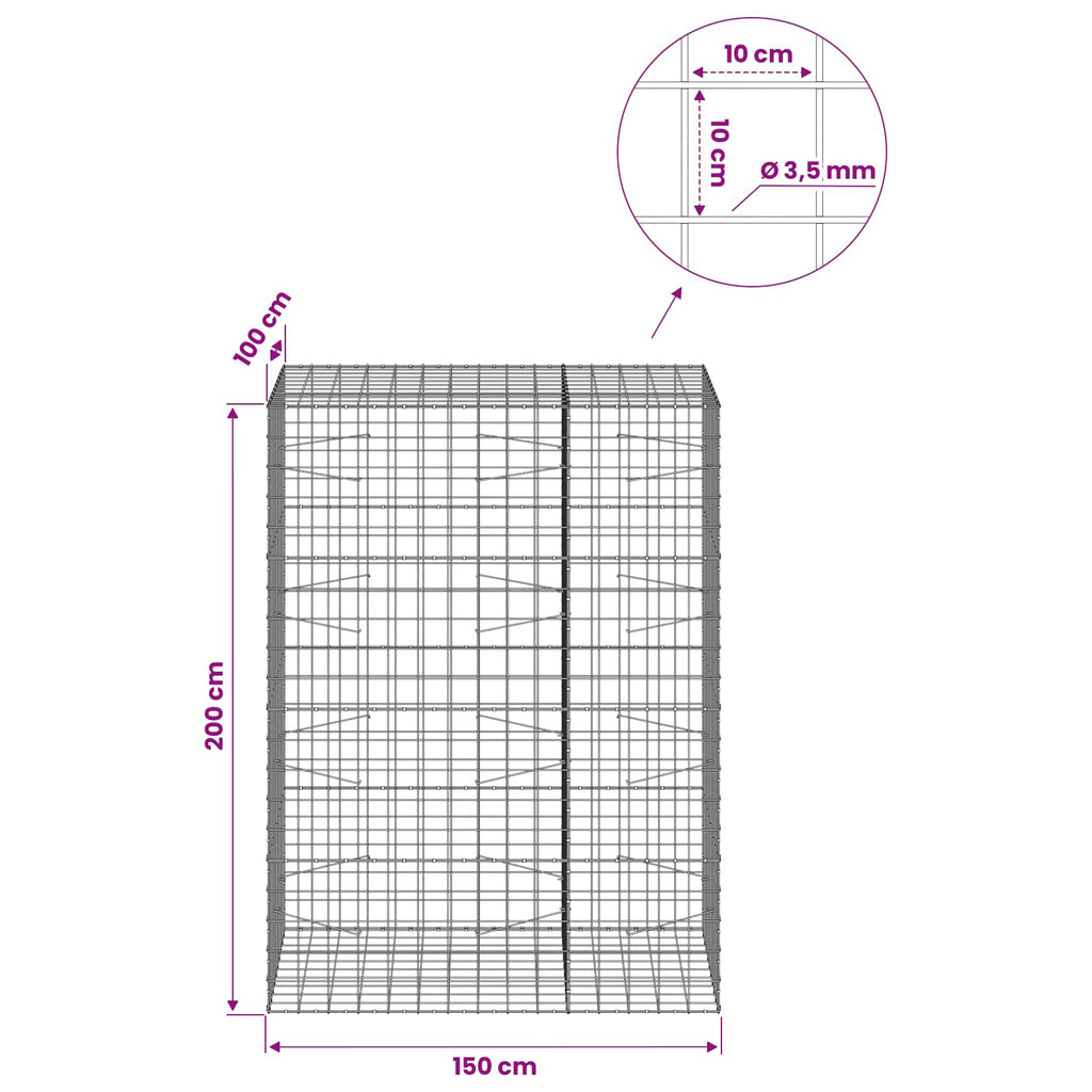 vidaXL Gabion z drutu 3,5 mm i siatką 10x10 cm 150x100x200 cm