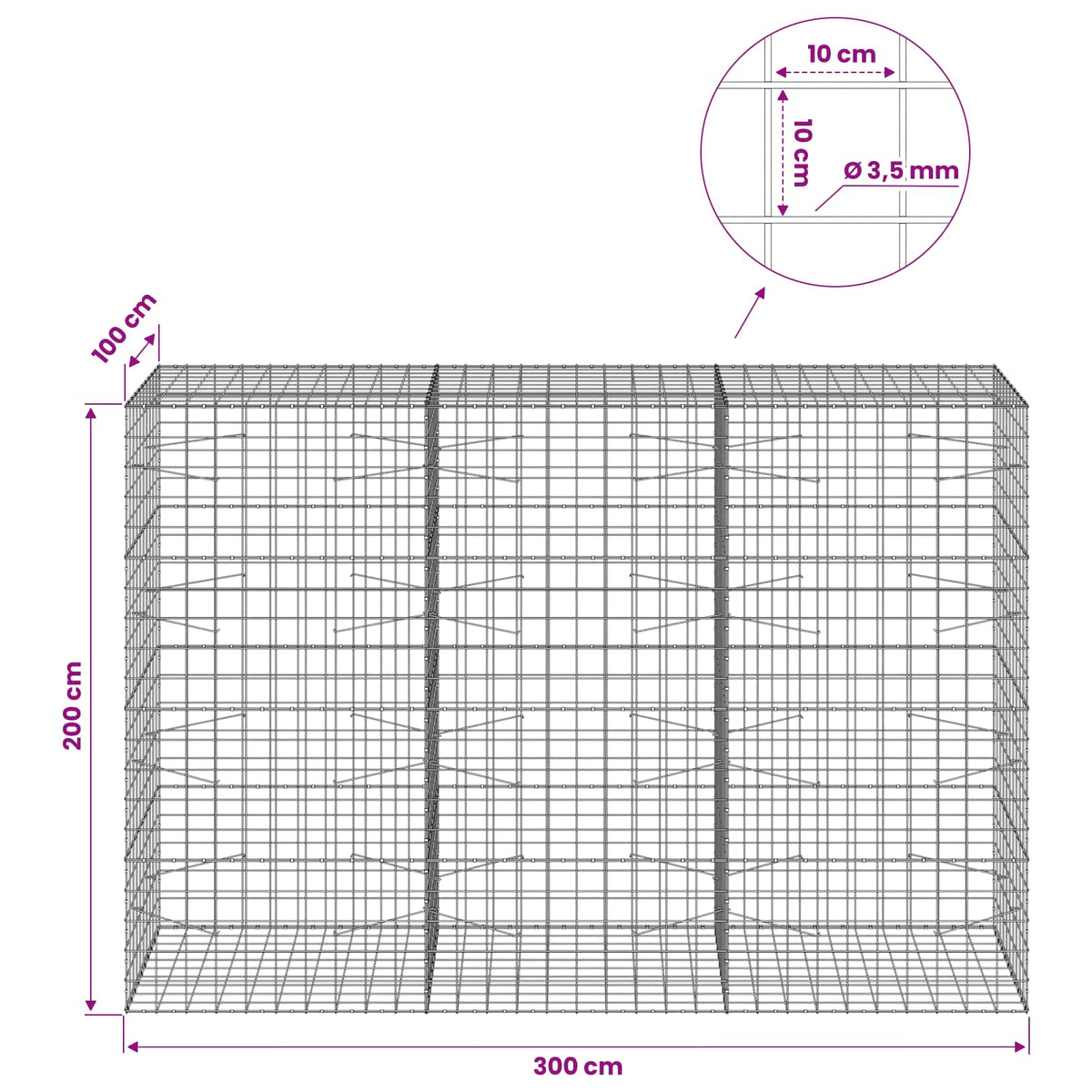 vidaXL Gabion z drutu 3,5 mm i siatką 10x10 cm 300x100x200 cm