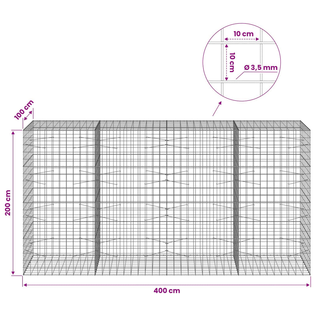vidaXL Gabion z drutu 3,5 mm i siatką 10x10 cm 400x100x200 cm