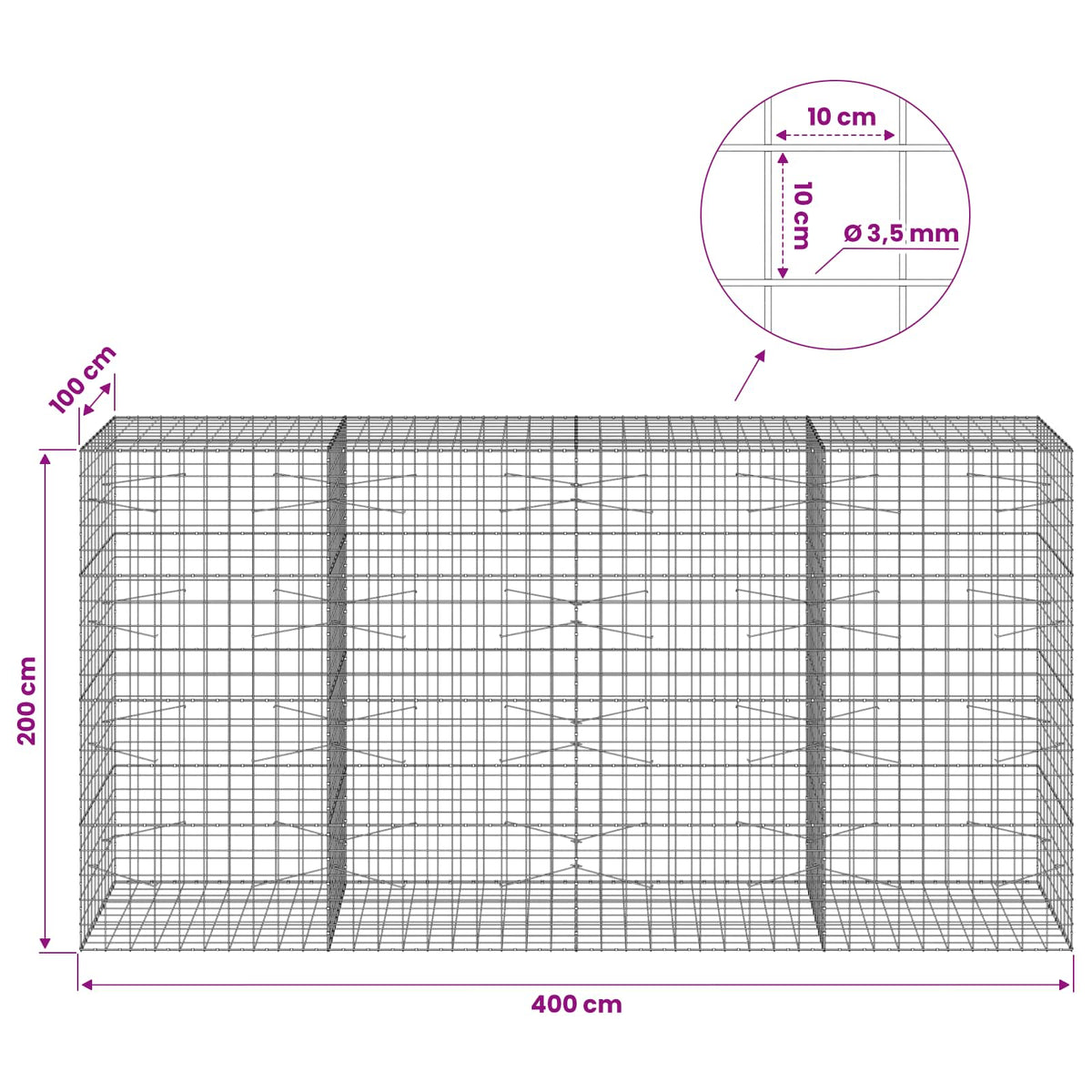 vidaXL Gabion z drutu 3,5 mm i siatką 10x10 cm 400x100x200 cm
