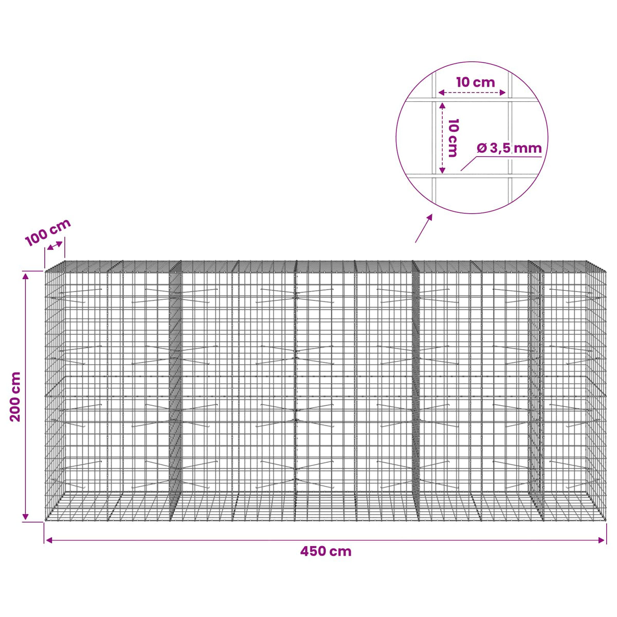 vidaXL Gabion z drutu 3,5 mm i siatką 10x10 cm 450x100x200 cm