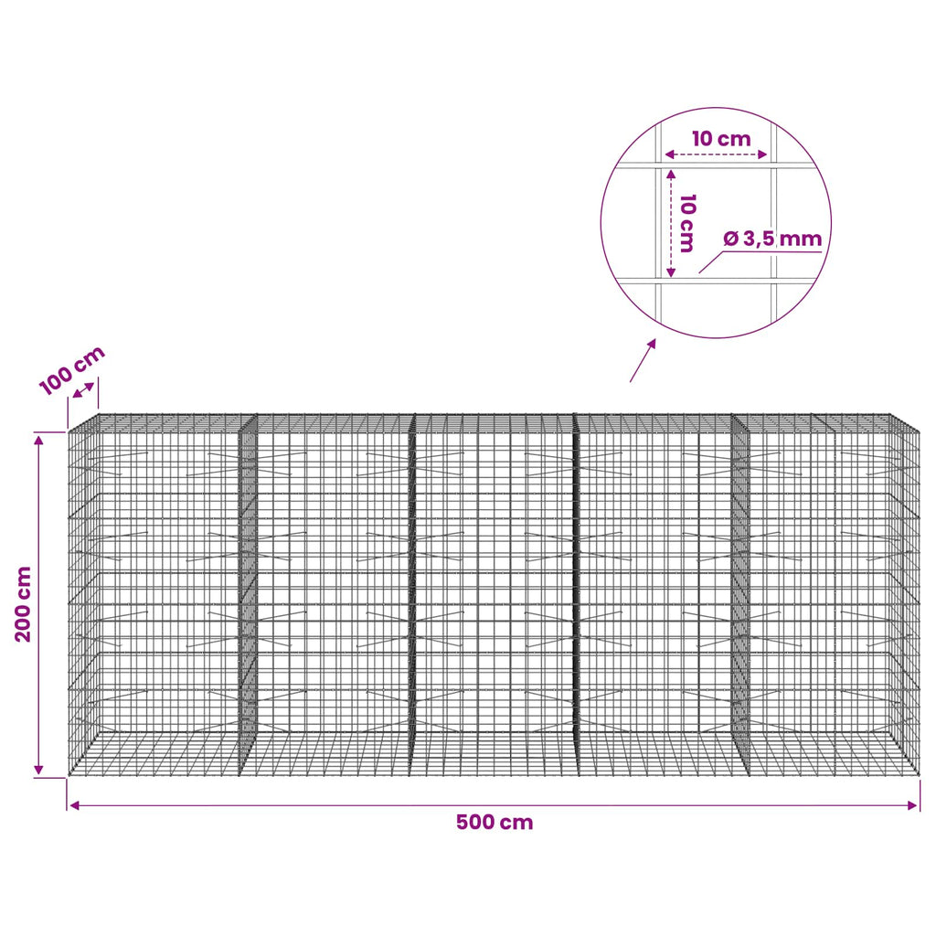 vidaXL Gabion z drutu 3,5 mm i siatką 10x10 cm 500x100x200 cm