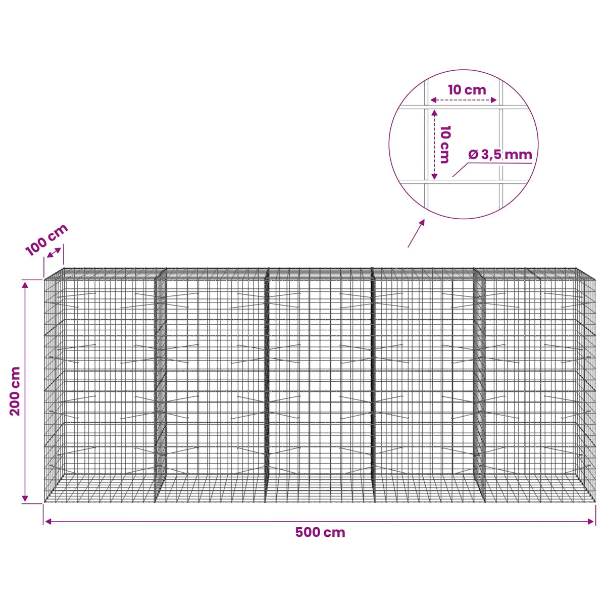 vidaXL Gabion z drutu 3,5 mm i siatką 10x10 cm 500x100x200 cm