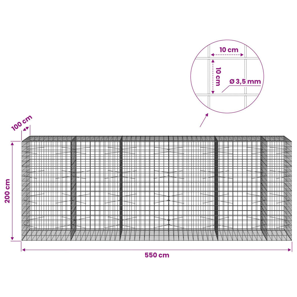 vidaXL Gabion z drutu 3,5 mm i siatką 10x10 cm 550x100x200 cm