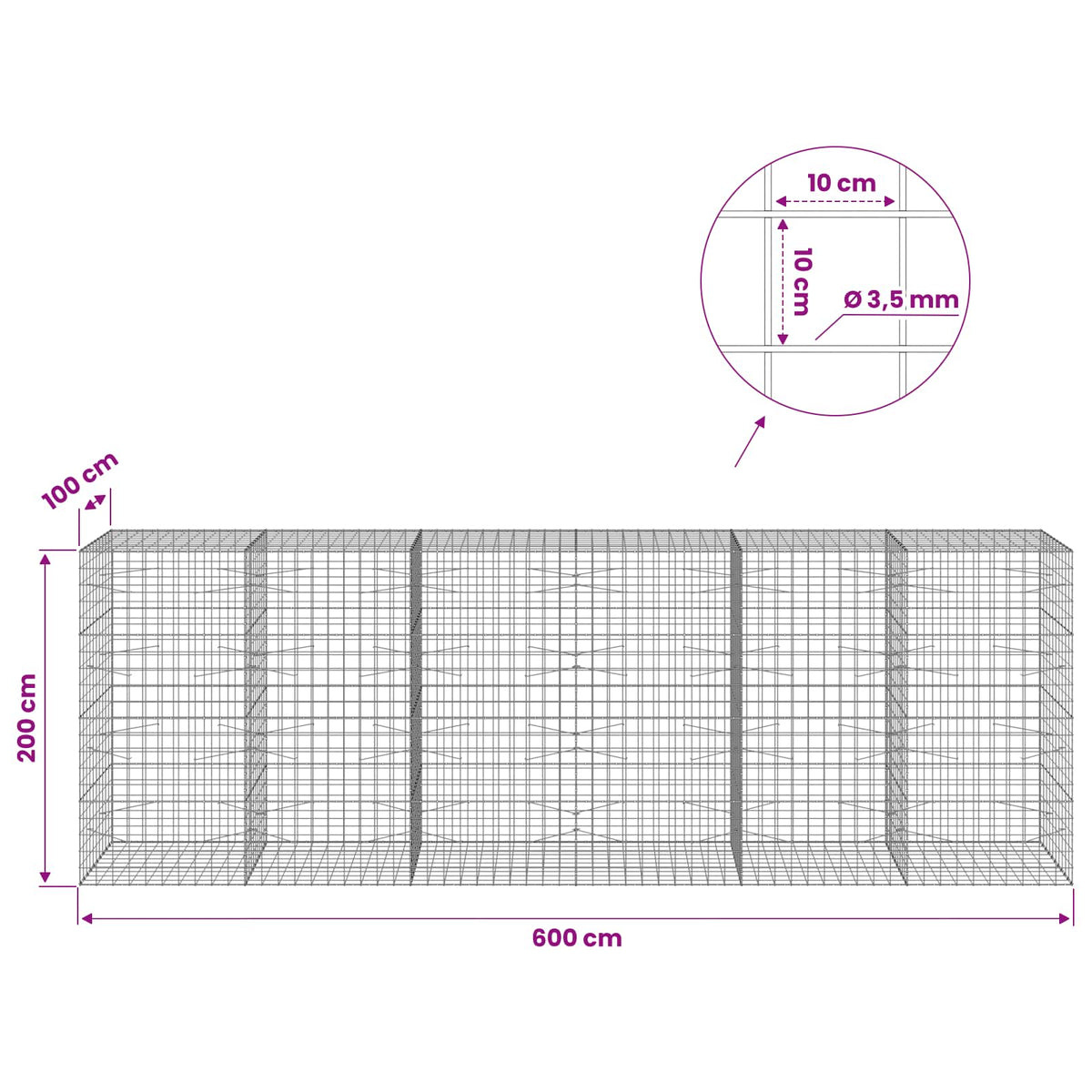 vidaXL Gabion z drutu 3,5 mm i siatką 10x10 cm 600x100x200 cm