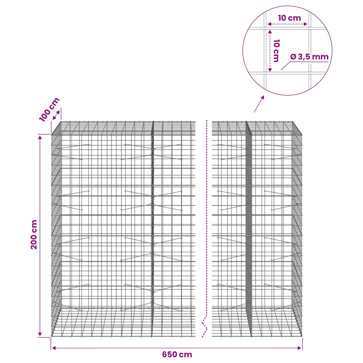 vidaXL Gabion z drutu 3,5 mm i siatką 10x10 cm 650x100x200 cm
