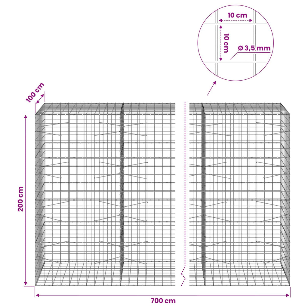 vidaXL Gabion z drutu 3,5 mm i siatką 10x10 cm 700x100x200 cm