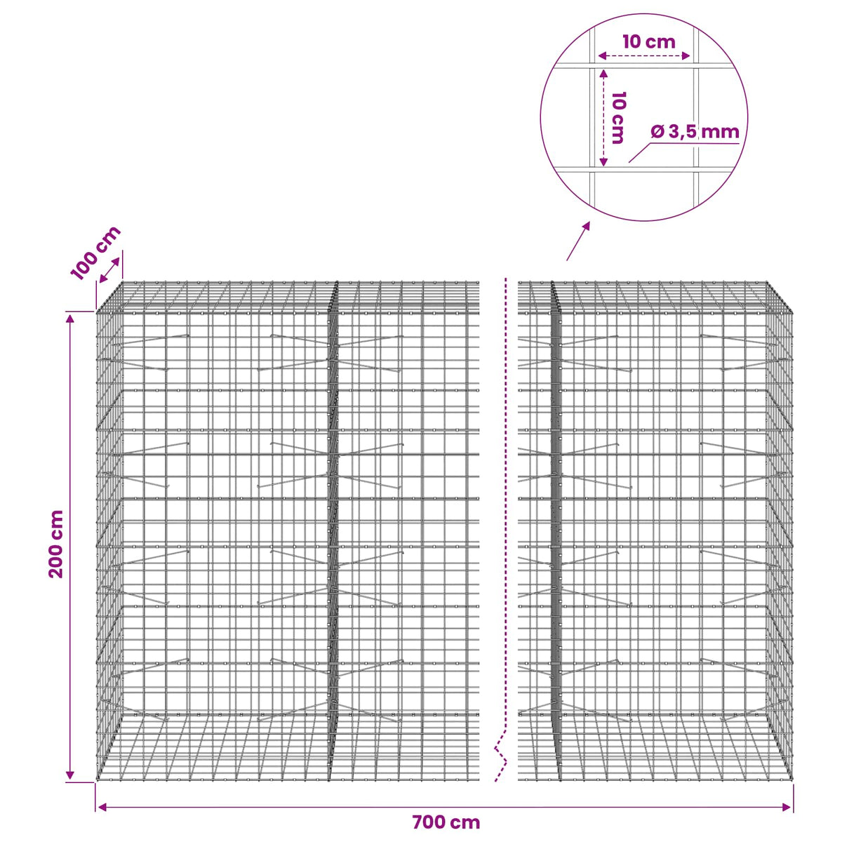 vidaXL Gabion z drutu 3,5 mm i siatką 10x10 cm 700x100x200 cm