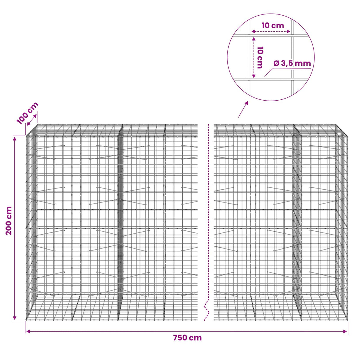 vidaXL Gabion z drutu 3,5 mm i siatką 10x10 cm 750x100x200 cm