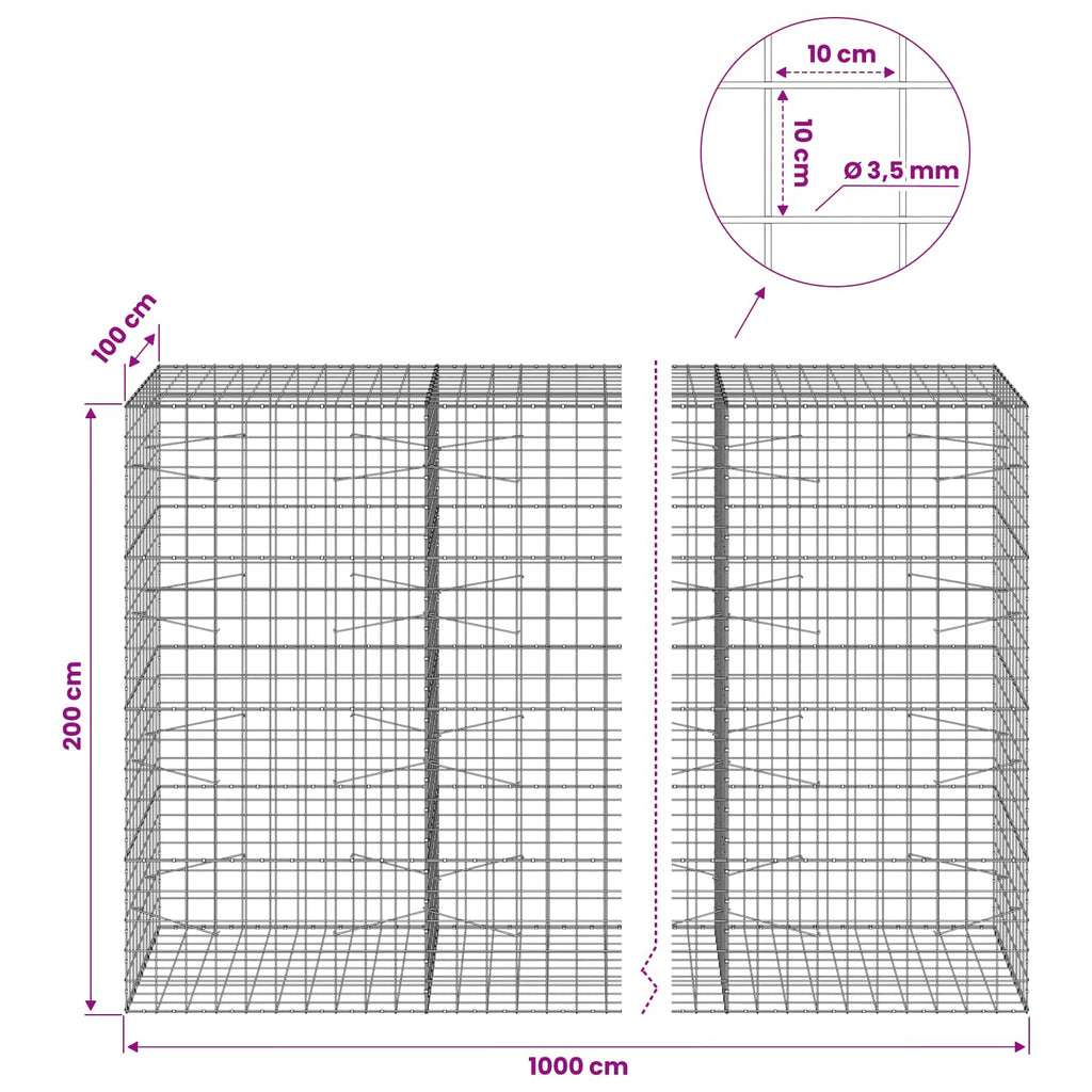 vidaXL Gabion z drutu 3,5 mm i siatką 10x10 cm 1000x100x200 cm