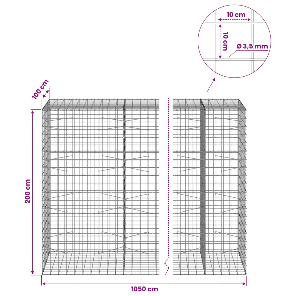 vidaXL Gabion z drutu 3,5 mm i siatką 10x10 cm 1050x100x200 cm