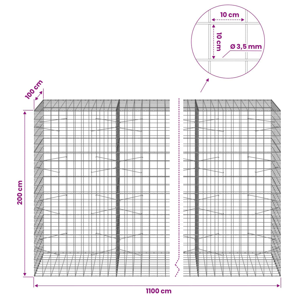 vidaXL Gabion z drutu 3,5 mm i siatką 10x10 cm 1100x100x200 cm