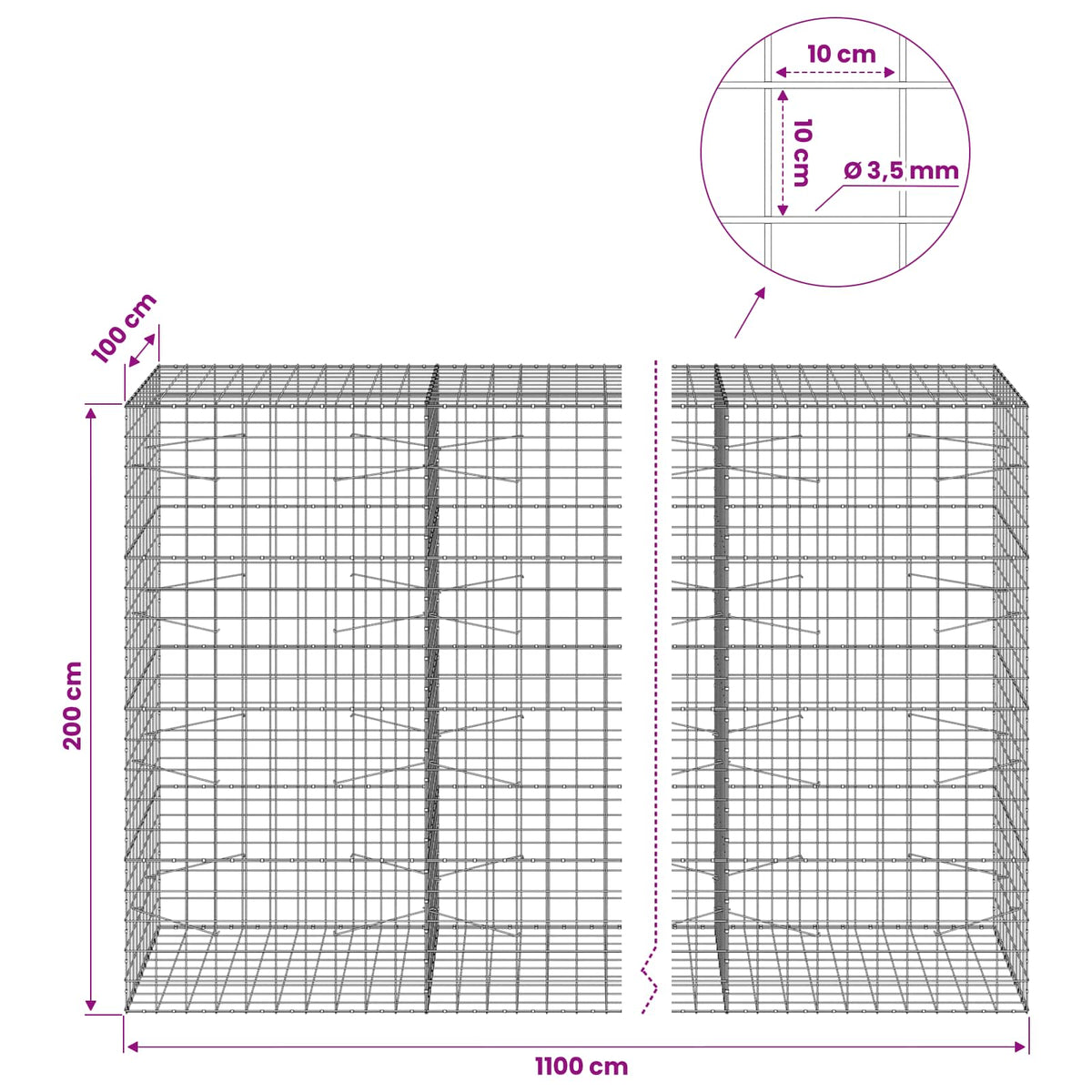 vidaXL Gabion z drutu 3,5 mm i siatką 10x10 cm 1100x100x200 cm