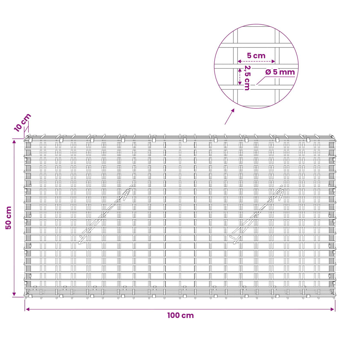 vidaXL Gabion z drutem 5 mm i siatką 5x2,5 cm 100x10x50 cm