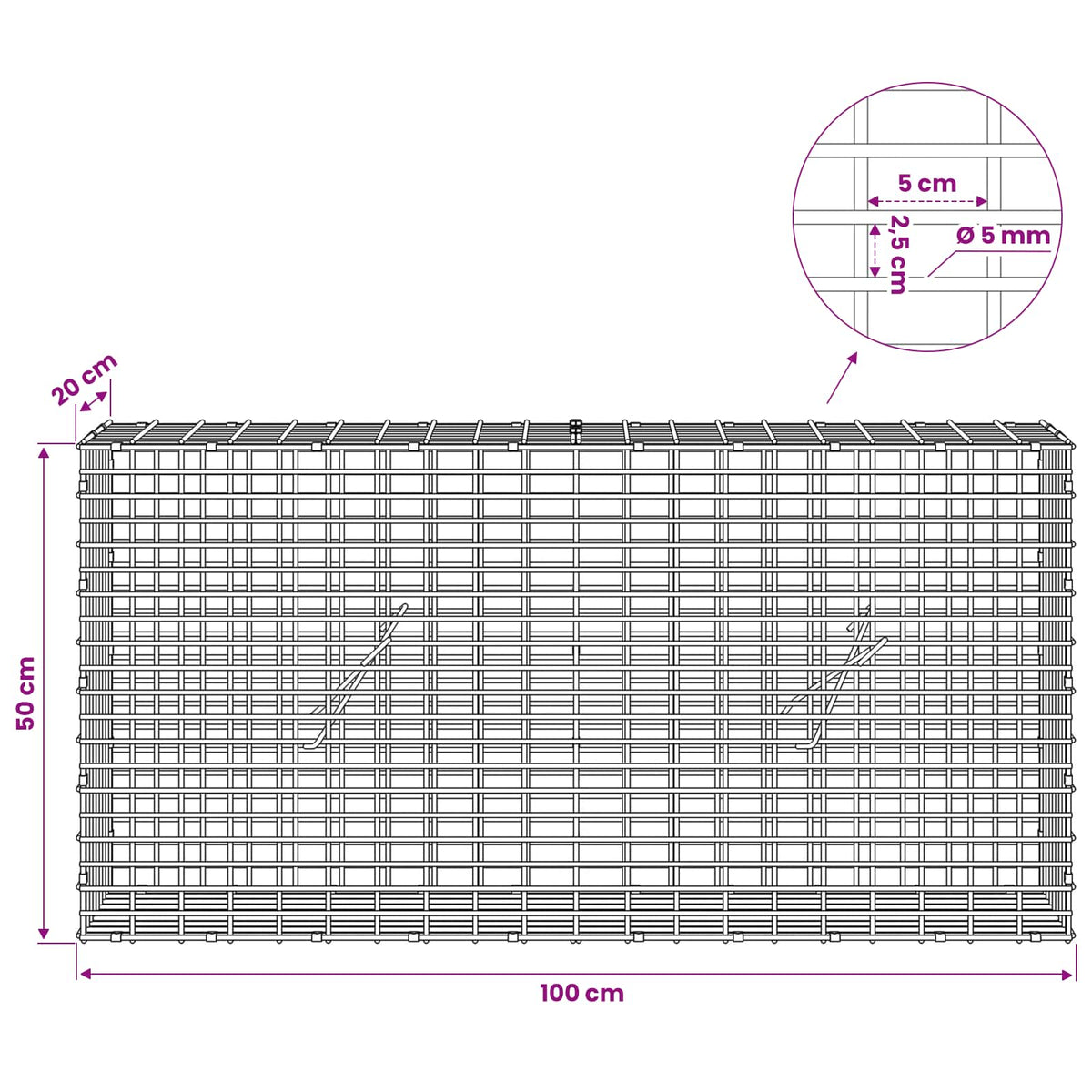 vidaXL Gabion z drutem 5 mm i siatką 5x2,5 cm 100x20x50 cm