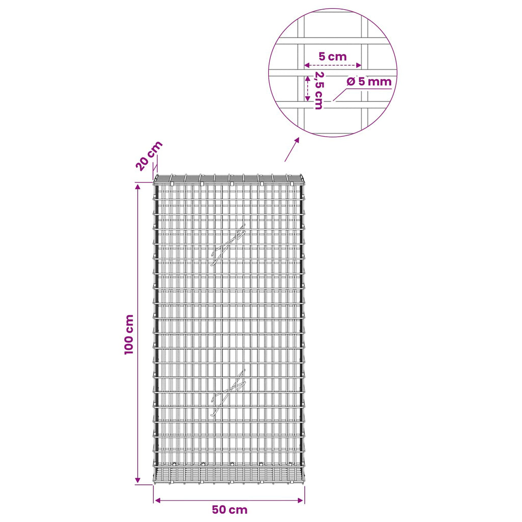 vidaXL Gabion z drutem 5 mm i siatką 5x2,5 cm 50x20x100 cm