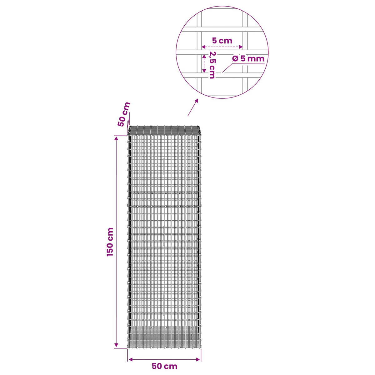 vidaXL Gabion z drutem 5 mm i siatką 5x2,5 cm 50x50x150 cm
