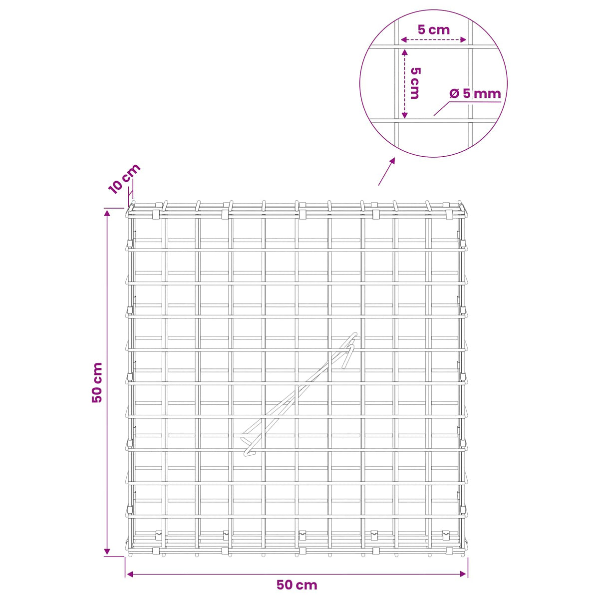 vidaXL Gabion z drutu 5 mm i siatką 5x5 cm 50x10x50 cm Stal ocynkowana