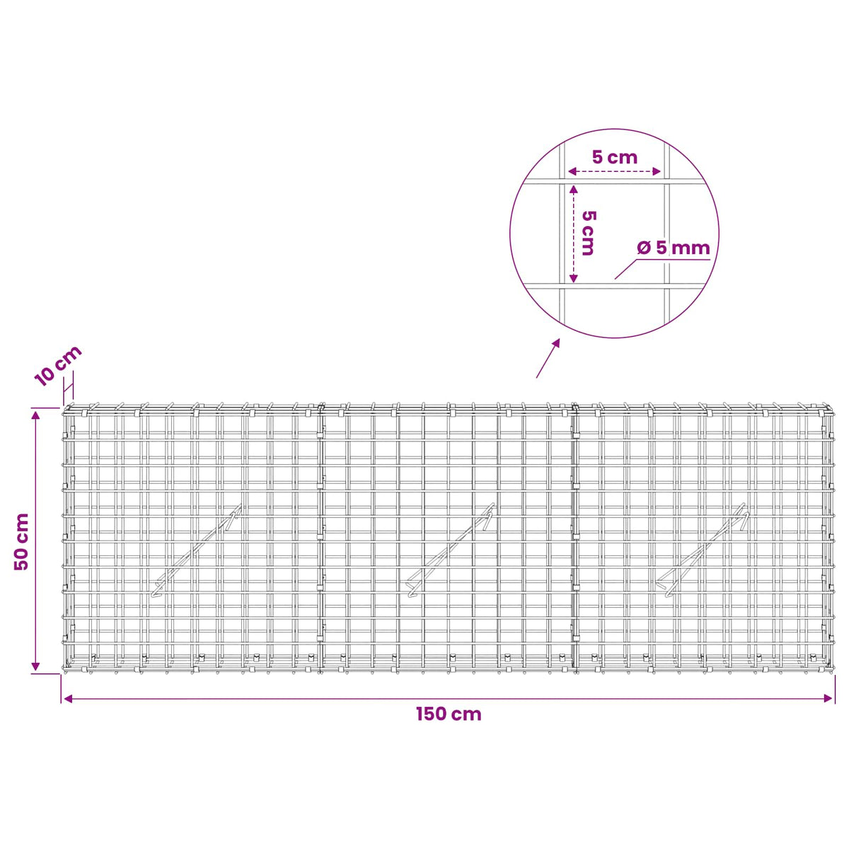 vidaXL Gabion z drutu 5 mm i siatką 5x5 cm 150x10x50 cm