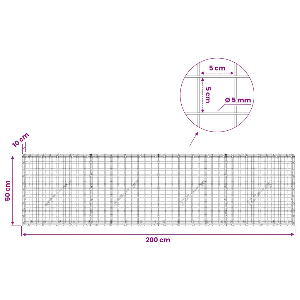 vidaXL Gabion z drutu 5 mm i siatką 5x5 cm 200x10x50 cm