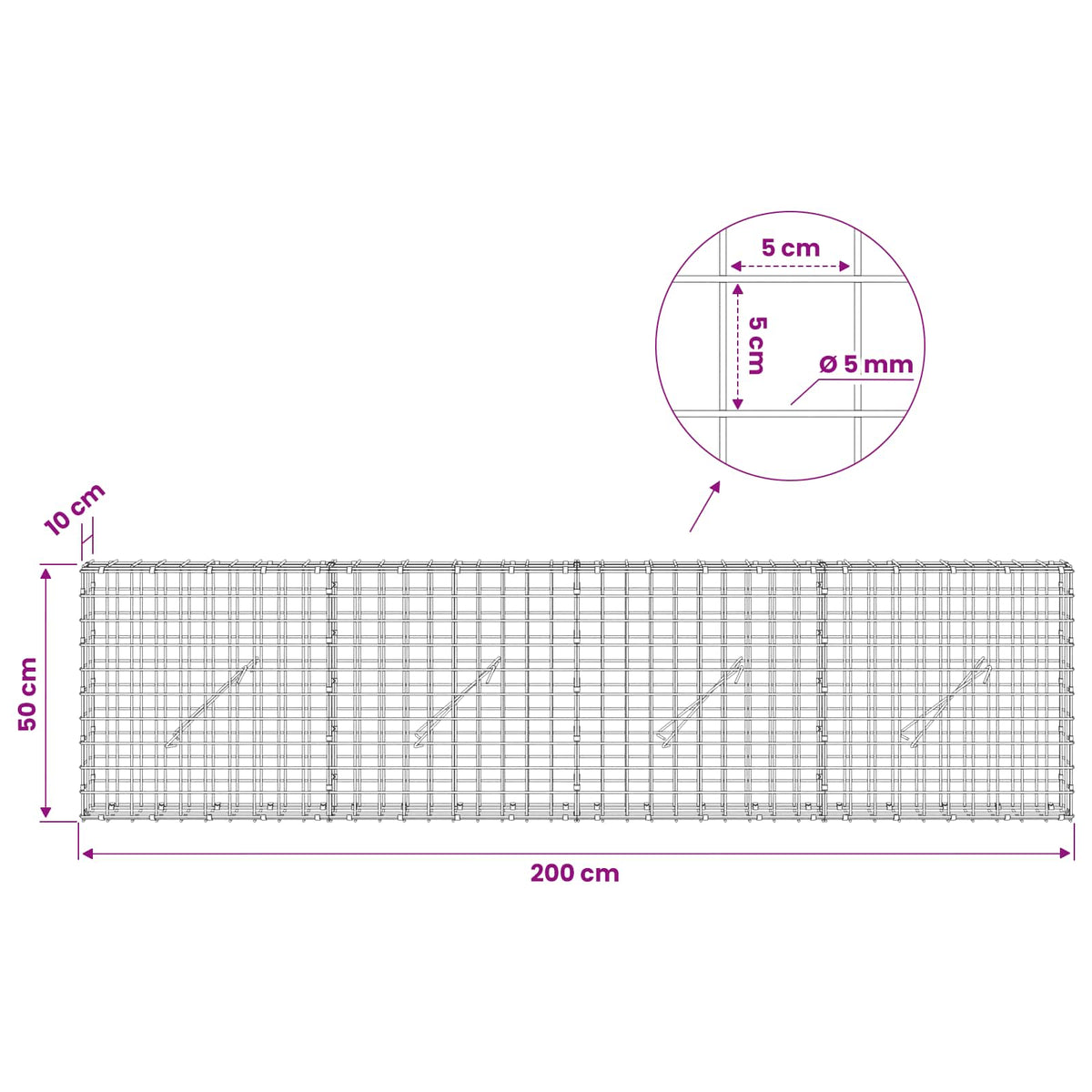 vidaXL Gabion z drutu 5 mm i siatką 5x5 cm 200x10x50 cm