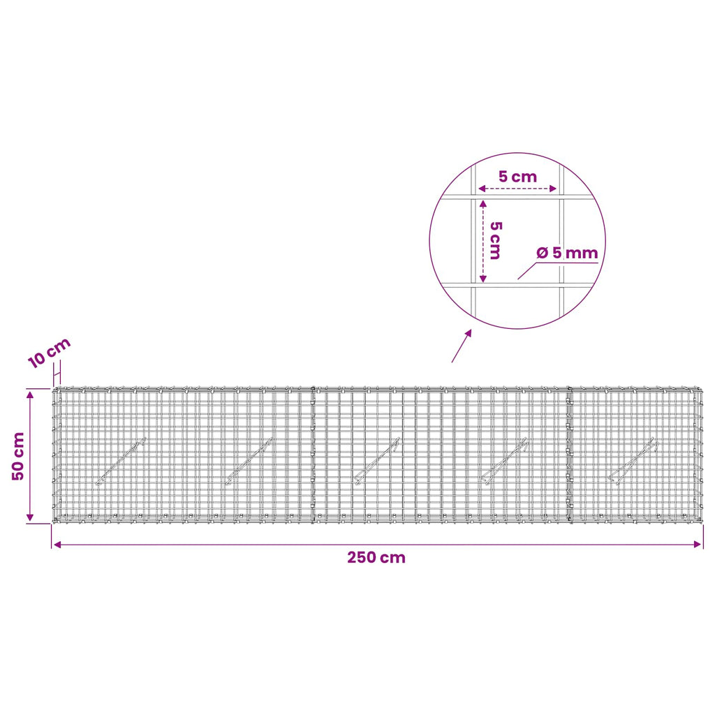 vidaXL Gabion z drutu 5 mm i siatką 5x5 cm 250x10x50 cm