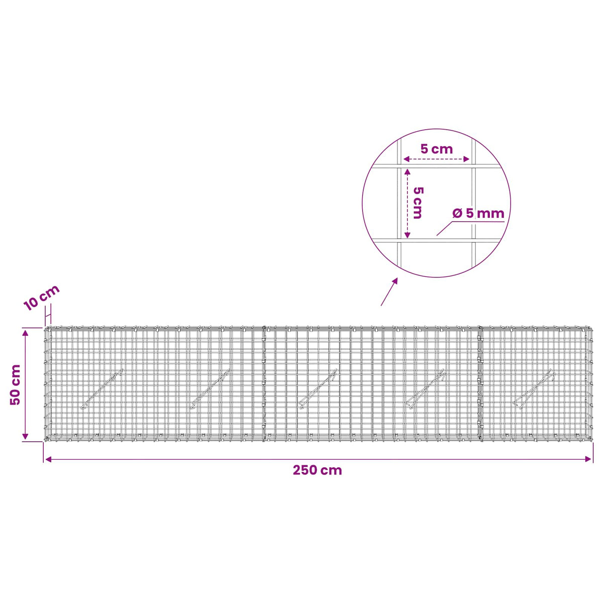 vidaXL Gabion z drutu 5 mm i siatką 5x5 cm 250x10x50 cm