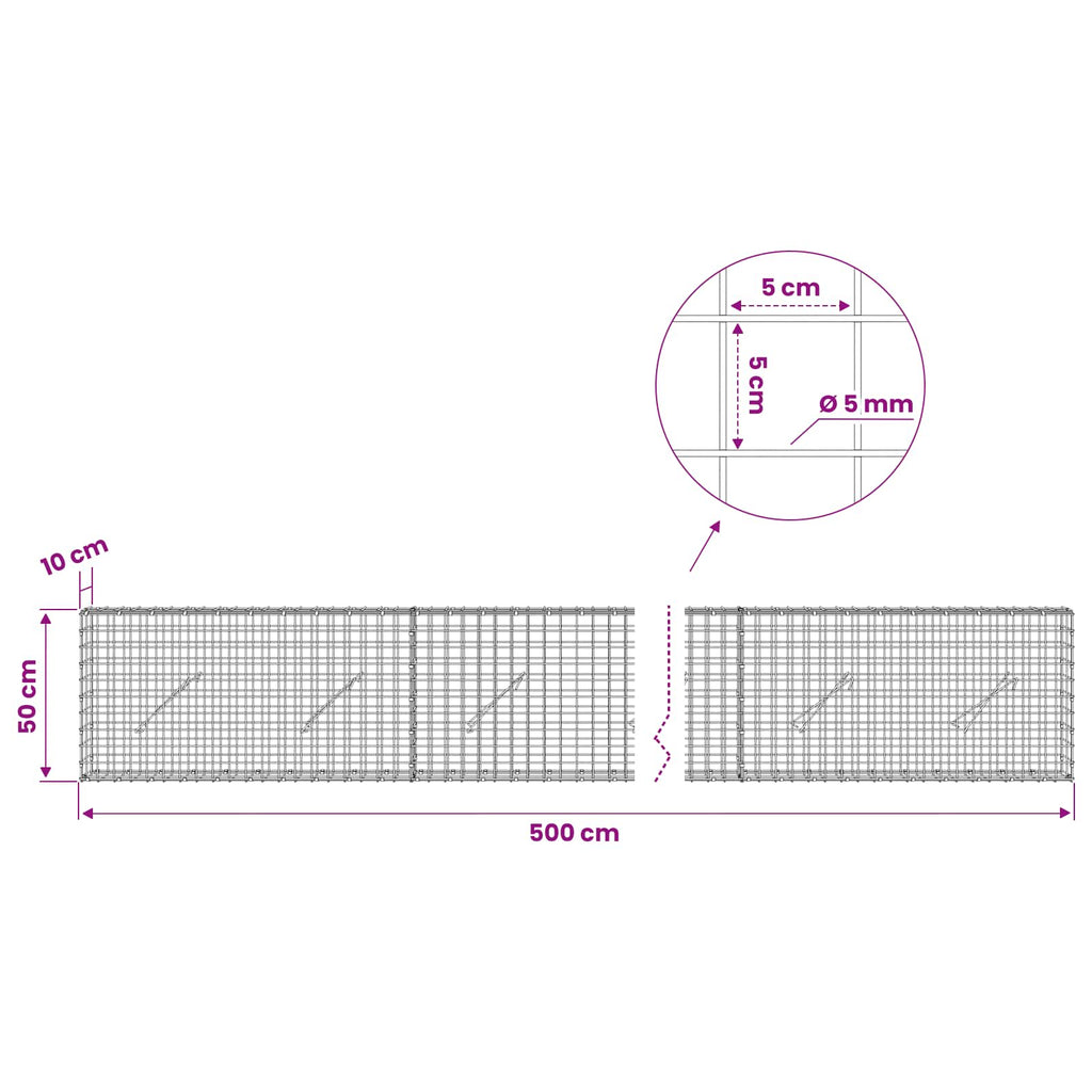vidaXL Gabion z drutu 5 mm i siatką 5x5 cm 500x10x50 cm