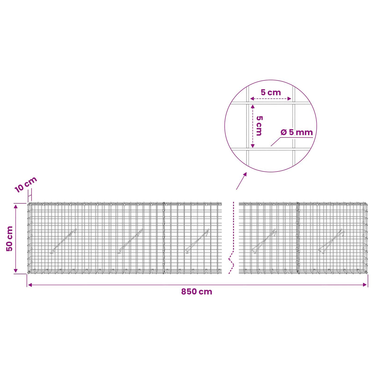 vidaXL Gabion z drutu 5 mm i siatką 5x5 cm 850x10x50 cm