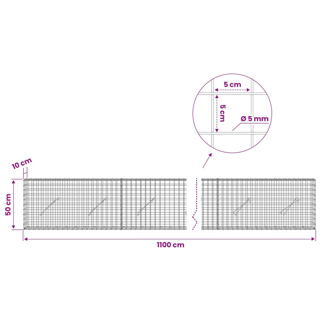 vidaXL Gabion z drutu 5 mm i siatką 5x5 cm 1100x10x50 cm